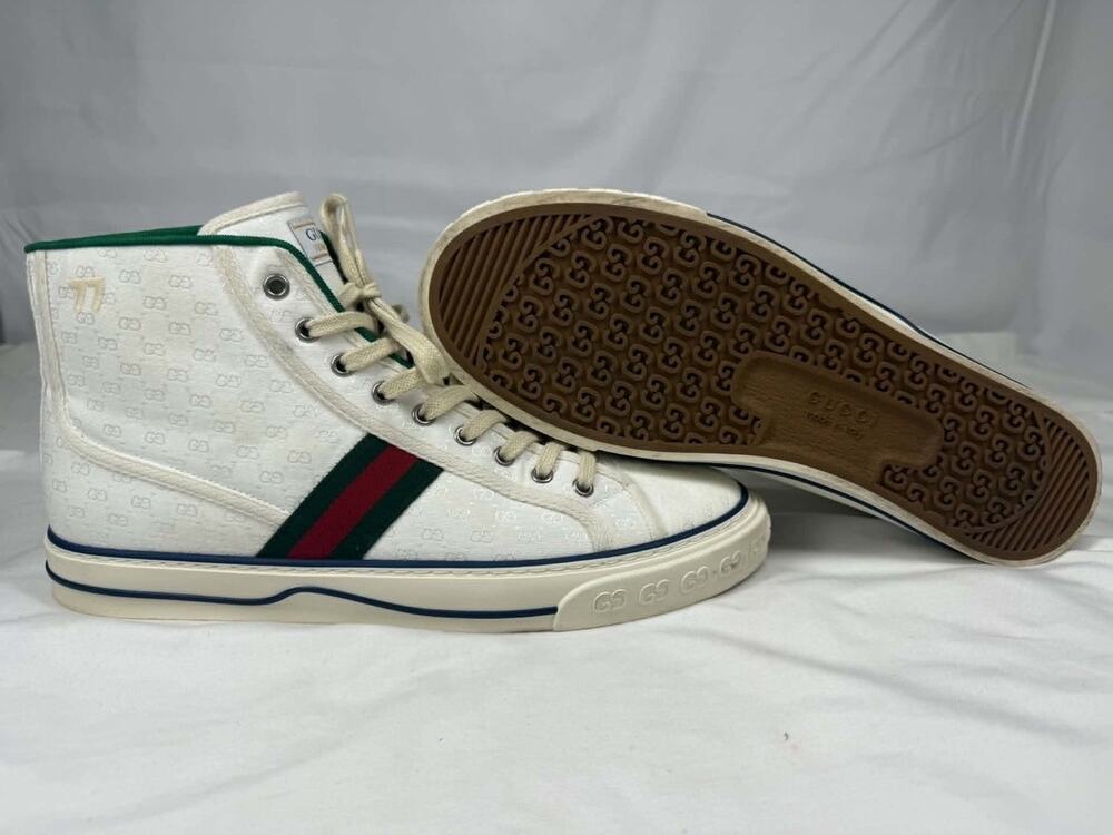 Men's Size 11.5 Gucci Tennis 1977 White GG Canvas Web Hight Top SPB-JB 366629